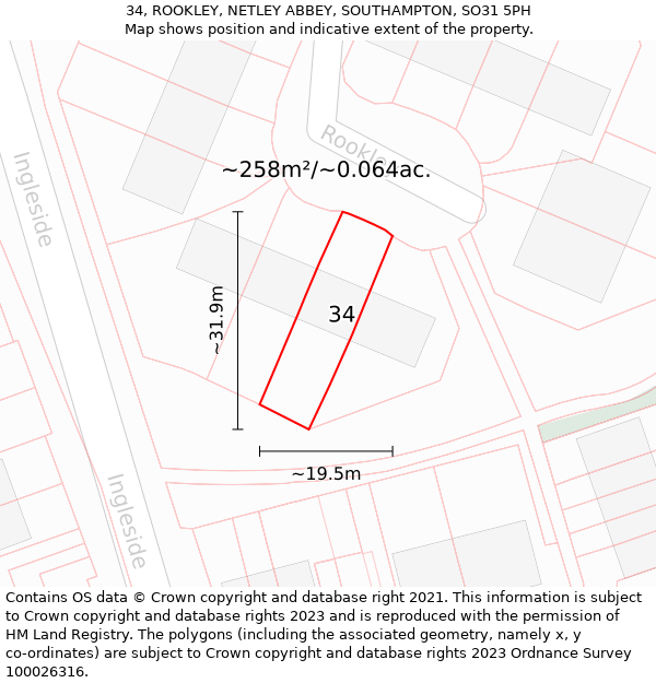 34, ROOKLEY, NETLEY ABBEY, SOUTHAMPTON, SO31 5PH: Plot and title map