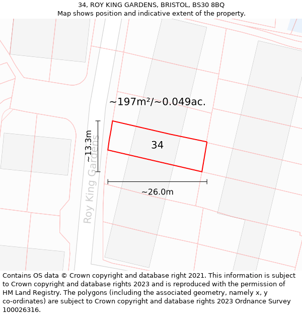 34, ROY KING GARDENS, BRISTOL, BS30 8BQ: Plot and title map