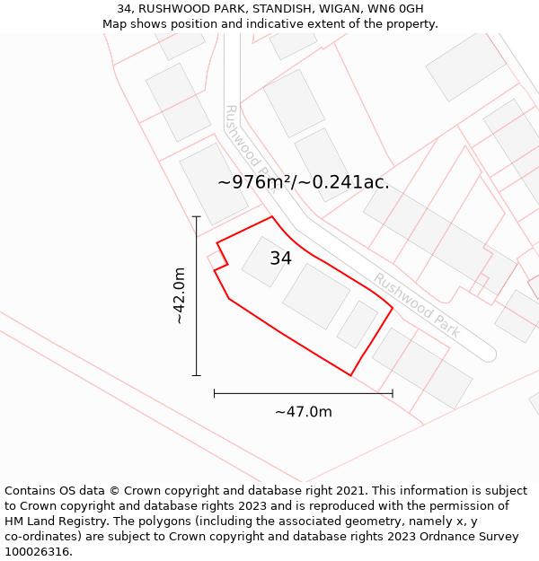 34, RUSHWOOD PARK, STANDISH, WIGAN, WN6 0GH: Plot and title map