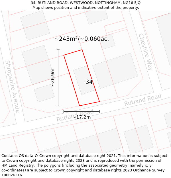 34, RUTLAND ROAD, WESTWOOD, NOTTINGHAM, NG16 5JQ: Plot and title map