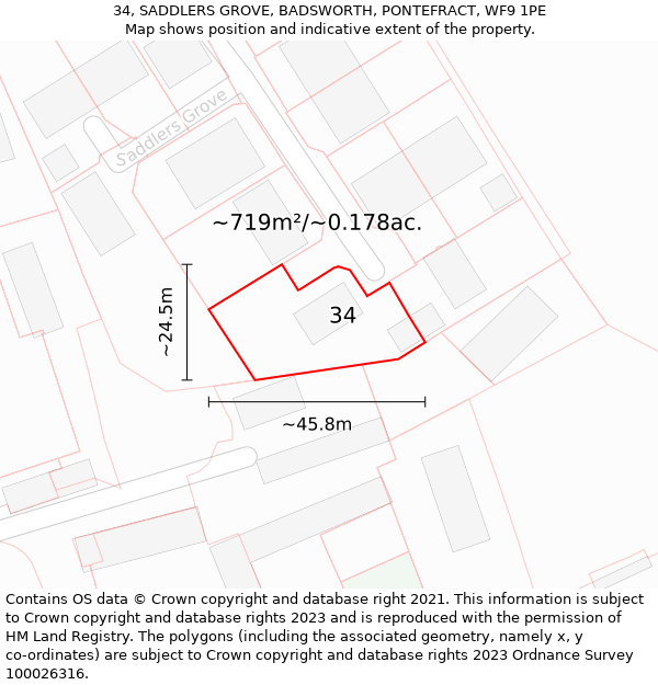 34, SADDLERS GROVE, BADSWORTH, PONTEFRACT, WF9 1PE: Plot and title map