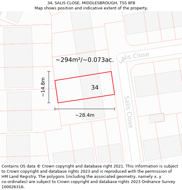 34, SALIS CLOSE, MIDDLESBROUGH, TS5 8FB: Plot and title map