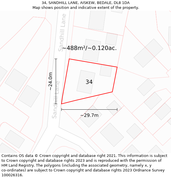 34, SANDHILL LANE, AISKEW, BEDALE, DL8 1DA: Plot and title map