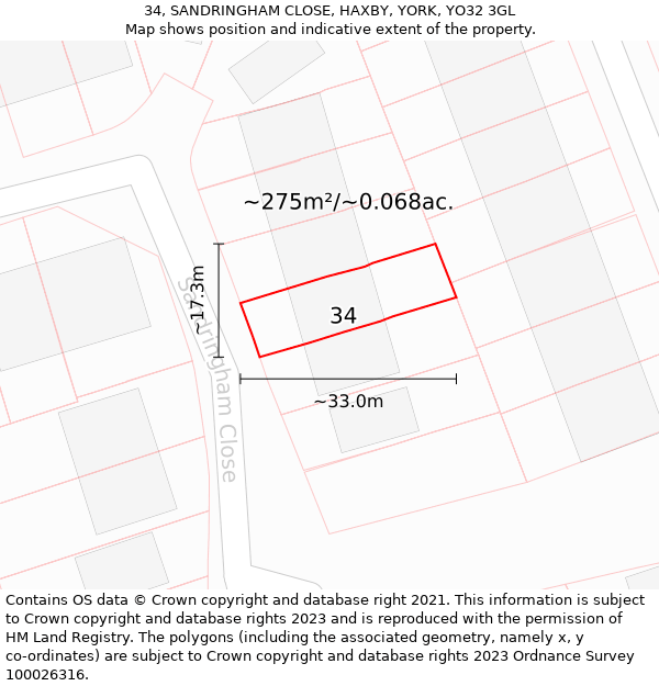 34, SANDRINGHAM CLOSE, HAXBY, YORK, YO32 3GL: Plot and title map