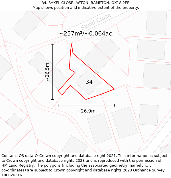 34, SAXEL CLOSE, ASTON, BAMPTON, OX18 2EB: Plot and title map