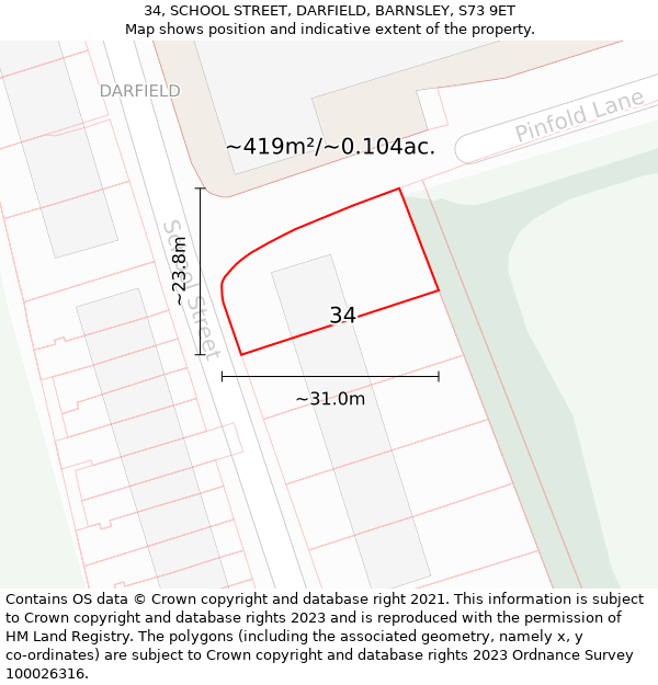 34, SCHOOL STREET, DARFIELD, BARNSLEY, S73 9ET: Plot and title map