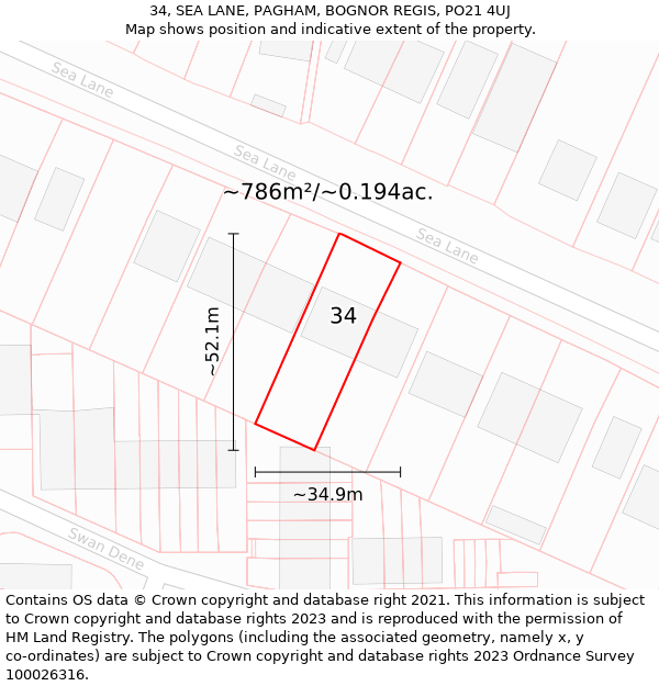 34, SEA LANE, PAGHAM, BOGNOR REGIS, PO21 4UJ: Plot and title map