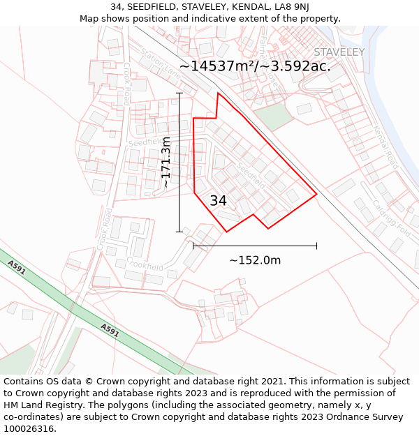 34, SEEDFIELD, STAVELEY, KENDAL, LA8 9NJ: Plot and title map