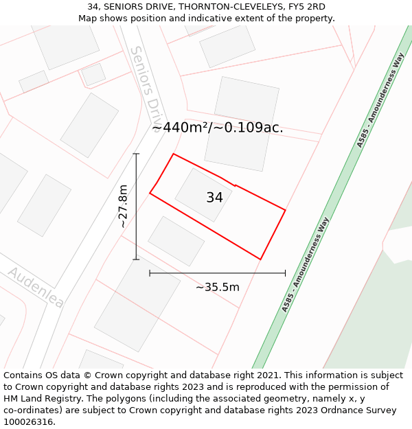 34, SENIORS DRIVE, THORNTON-CLEVELEYS, FY5 2RD: Plot and title map