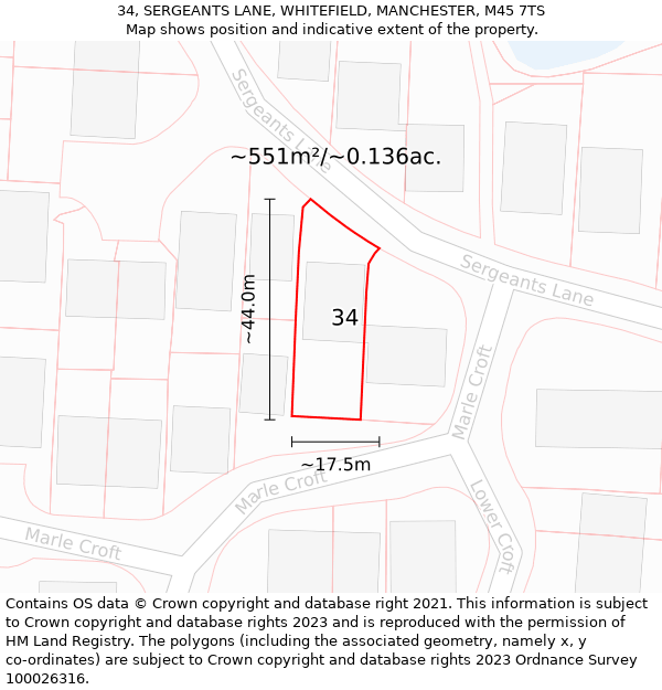 34, SERGEANTS LANE, WHITEFIELD, MANCHESTER, M45 7TS: Plot and title map