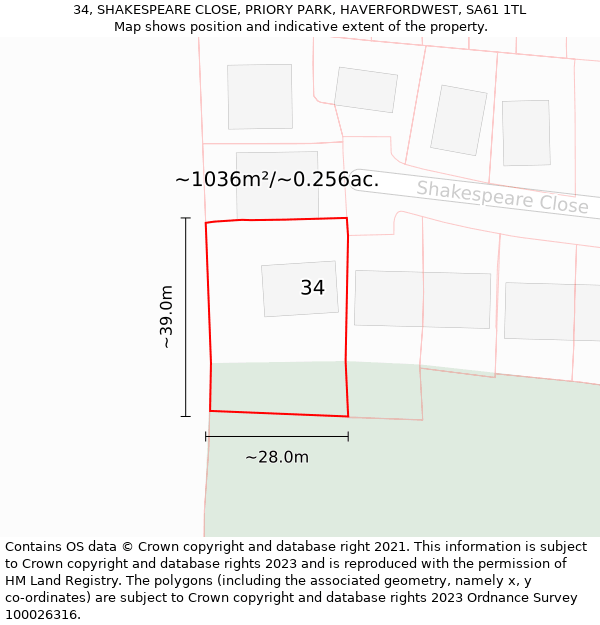 34, SHAKESPEARE CLOSE, PRIORY PARK, HAVERFORDWEST, SA61 1TL: Plot and title map