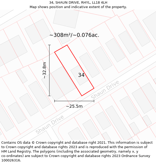 34, SHAUN DRIVE, RHYL, LL18 4LH: Plot and title map