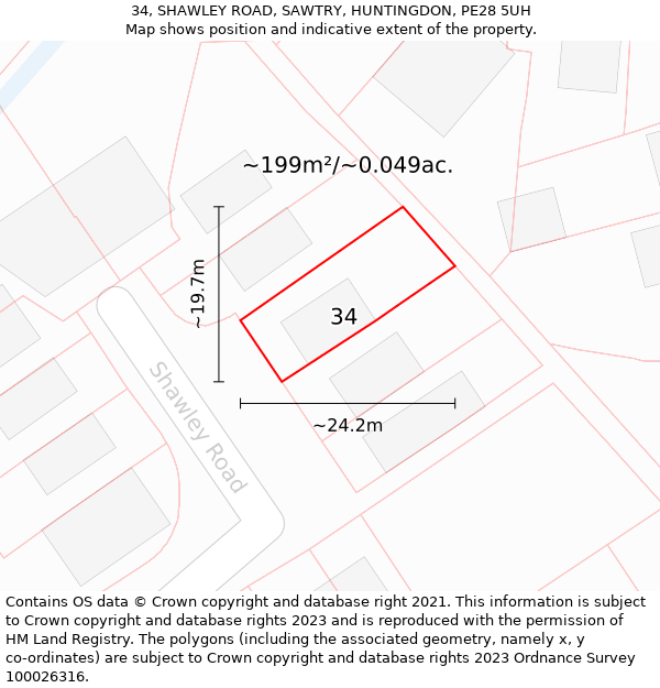 34, SHAWLEY ROAD, SAWTRY, HUNTINGDON, PE28 5UH: Plot and title map