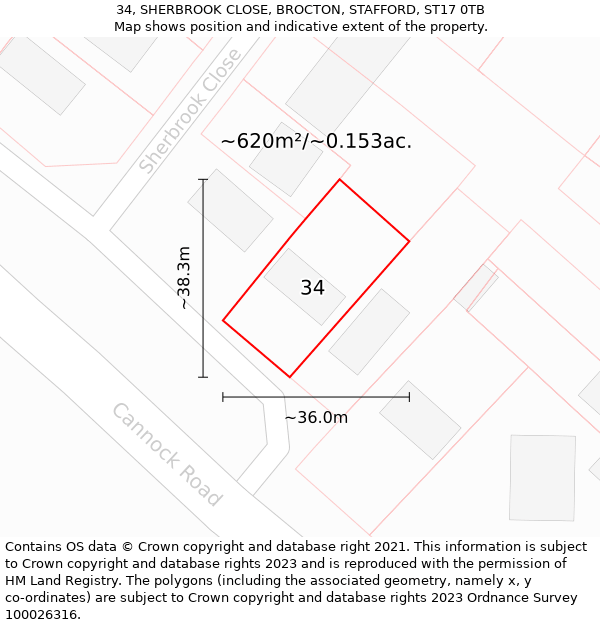 34, SHERBROOK CLOSE, BROCTON, STAFFORD, ST17 0TB: Plot and title map