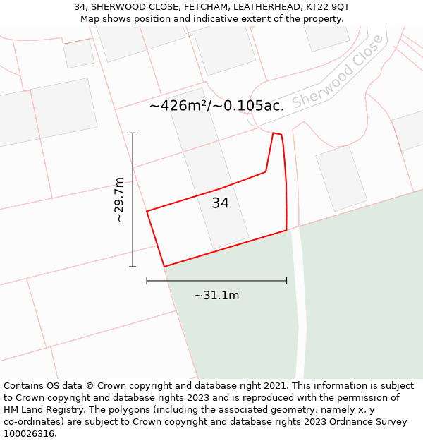 34, SHERWOOD CLOSE, FETCHAM, LEATHERHEAD, KT22 9QT: Plot and title map