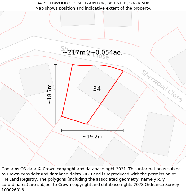 34, SHERWOOD CLOSE, LAUNTON, BICESTER, OX26 5DR: Plot and title map