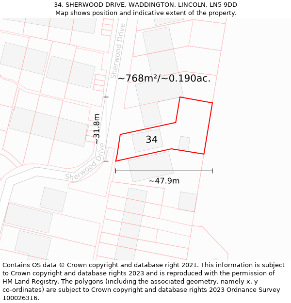 34, SHERWOOD DRIVE, WADDINGTON, LINCOLN, LN5 9DD: Plot and title map