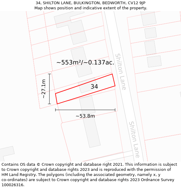 34, SHILTON LANE, BULKINGTON, BEDWORTH, CV12 9JP: Plot and title map