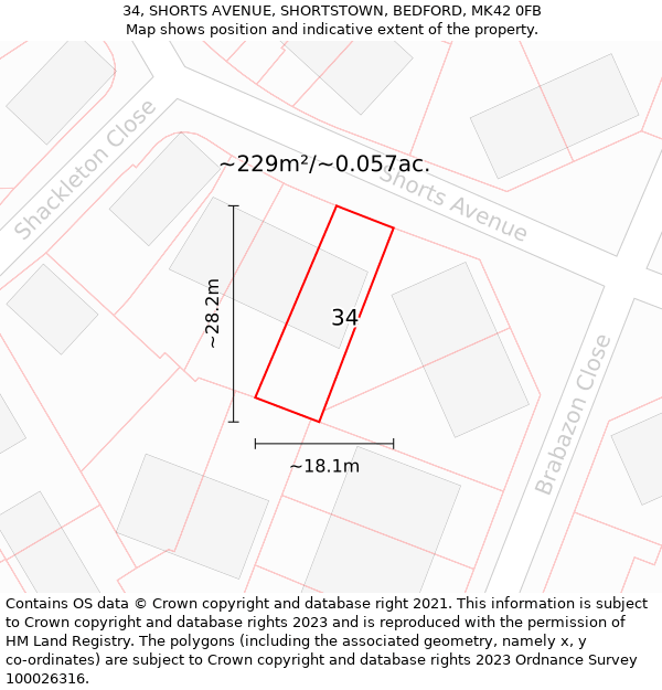 34, SHORTS AVENUE, SHORTSTOWN, BEDFORD, MK42 0FB: Plot and title map