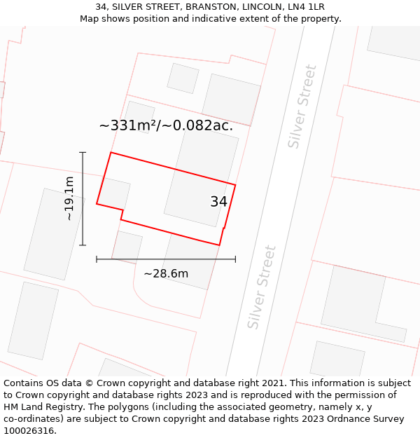 34, SILVER STREET, BRANSTON, LINCOLN, LN4 1LR: Plot and title map