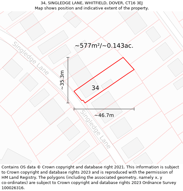 34, SINGLEDGE LANE, WHITFIELD, DOVER, CT16 3EJ: Plot and title map