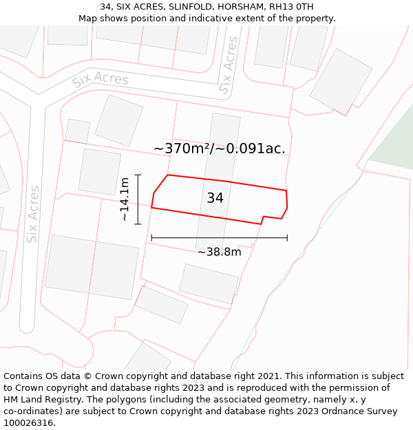 34, SIX ACRES, SLINFOLD, HORSHAM, RH13 0TH: Plot and title map