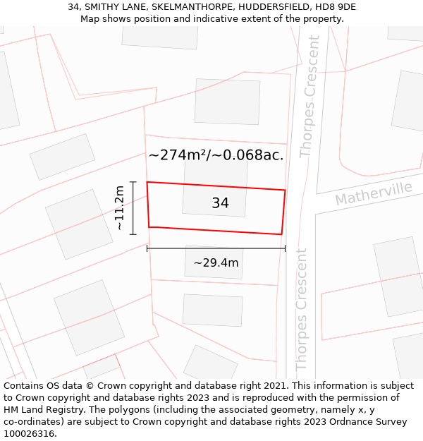 34, SMITHY LANE, SKELMANTHORPE, HUDDERSFIELD, HD8 9DE: Plot and title map