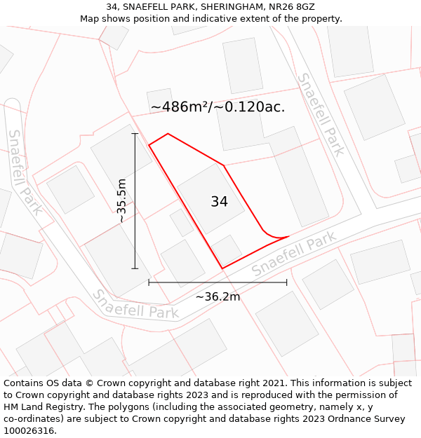 34, SNAEFELL PARK, SHERINGHAM, NR26 8GZ: Plot and title map