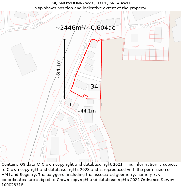 34, SNOWDONIA WAY, HYDE, SK14 4WH: Plot and title map