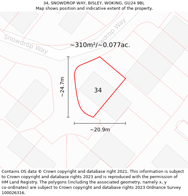 34, SNOWDROP WAY, BISLEY, WOKING, GU24 9BL: Plot and title map