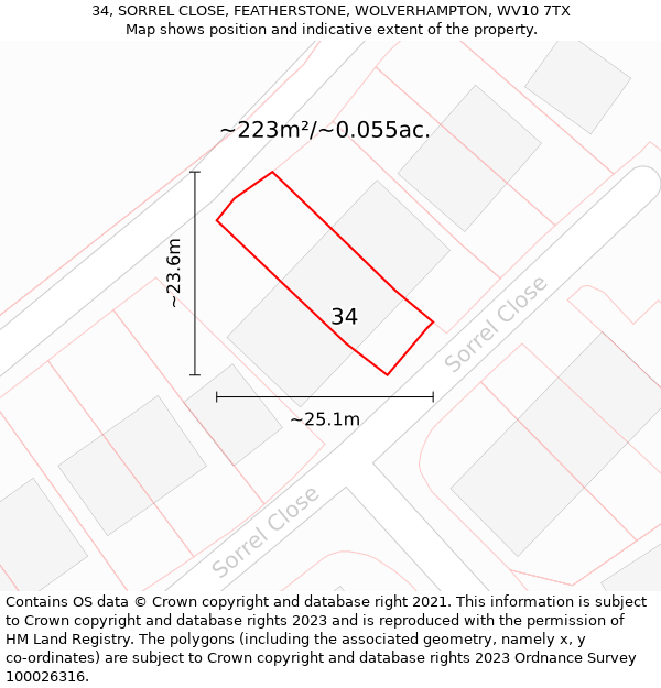 34, SORREL CLOSE, FEATHERSTONE, WOLVERHAMPTON, WV10 7TX: Plot and title map