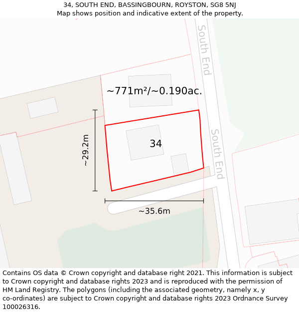 34, SOUTH END, BASSINGBOURN, ROYSTON, SG8 5NJ: Plot and title map