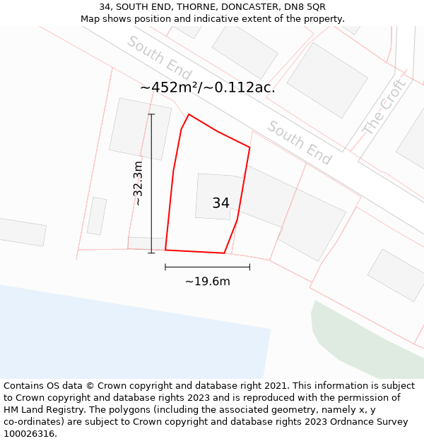 34, SOUTH END, THORNE, DONCASTER, DN8 5QR: Plot and title map