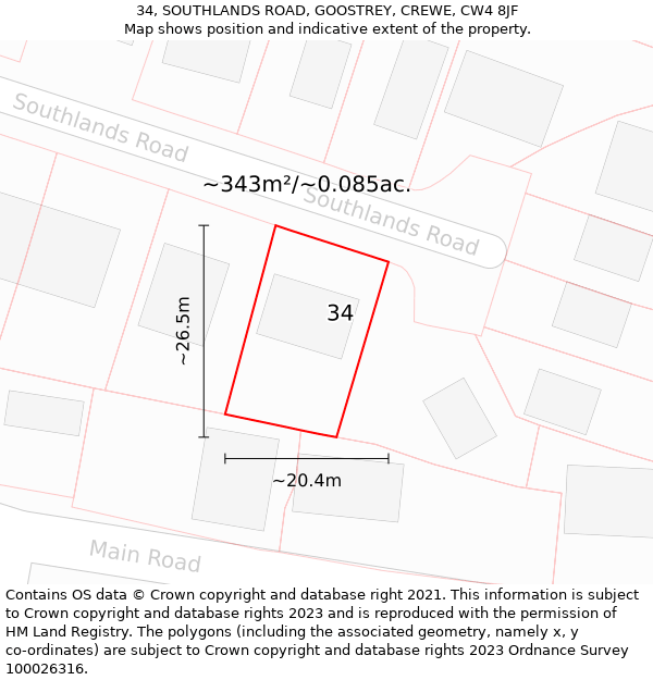 34, SOUTHLANDS ROAD, GOOSTREY, CREWE, CW4 8JF: Plot and title map