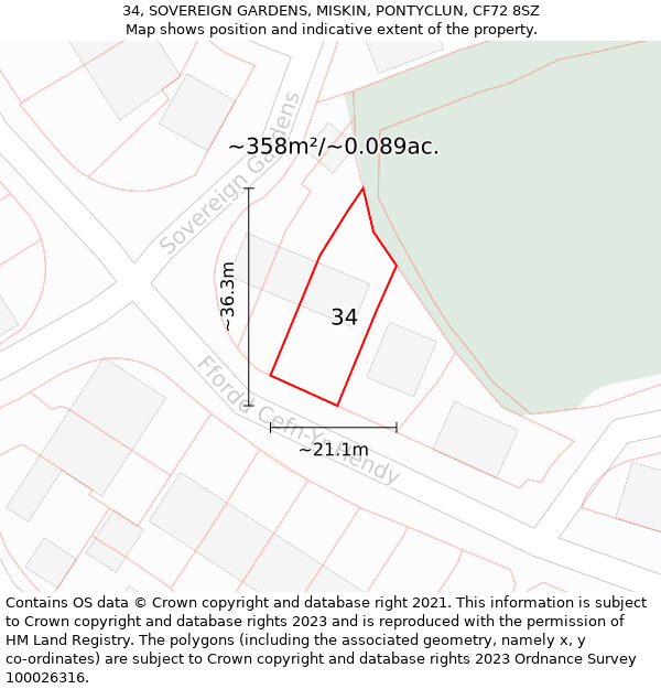 34, SOVEREIGN GARDENS, MISKIN, PONTYCLUN, CF72 8SZ: Plot and title map
