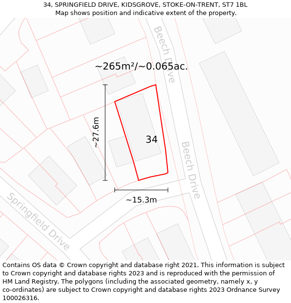 34, SPRINGFIELD DRIVE, KIDSGROVE, STOKE-ON-TRENT, ST7 1BL: Plot and title map