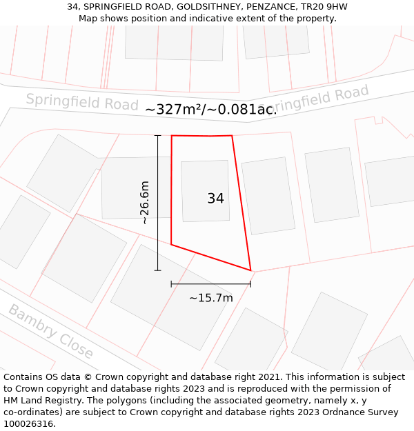 34, SPRINGFIELD ROAD, GOLDSITHNEY, PENZANCE, TR20 9HW: Plot and title map