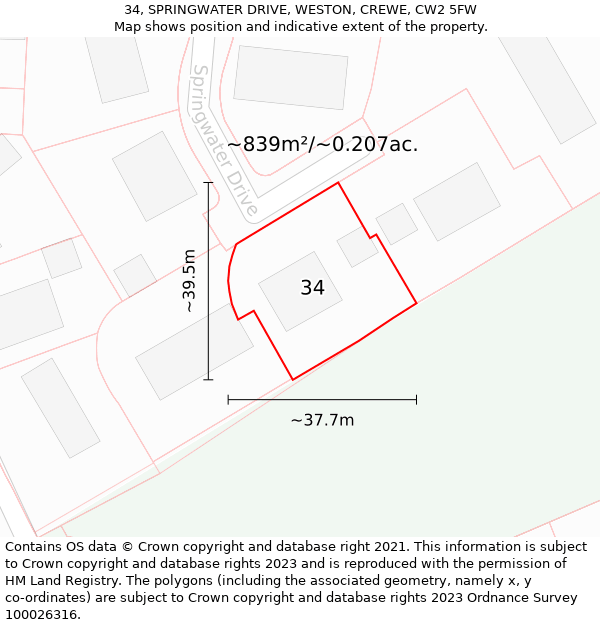 34, SPRINGWATER DRIVE, WESTON, CREWE, CW2 5FW: Plot and title map