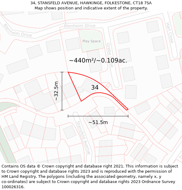 34, STANSFELD AVENUE, HAWKINGE, FOLKESTONE, CT18 7SA: Plot and title map