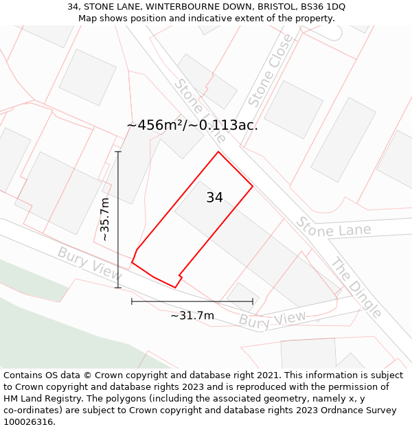 34, STONE LANE, WINTERBOURNE DOWN, BRISTOL, BS36 1DQ: Plot and title map