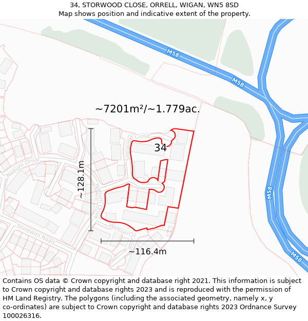 34, STORWOOD CLOSE, ORRELL, WIGAN, WN5 8SD: Plot and title map