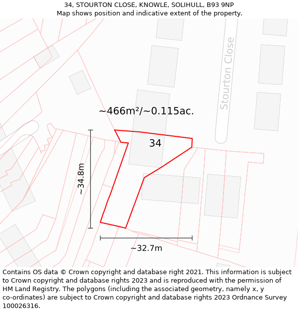 34, STOURTON CLOSE, KNOWLE, SOLIHULL, B93 9NP: Plot and title map