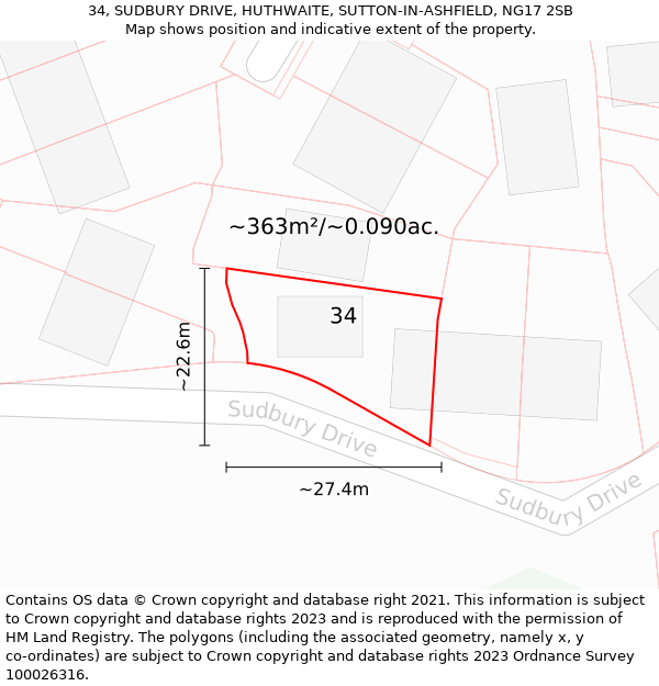 34, SUDBURY DRIVE, HUTHWAITE, SUTTON-IN-ASHFIELD, NG17 2SB: Plot and title map