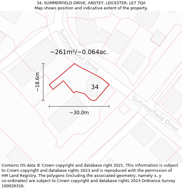 34, SUMMERFIELD DRIVE, ANSTEY, LEICESTER, LE7 7QA: Plot and title map