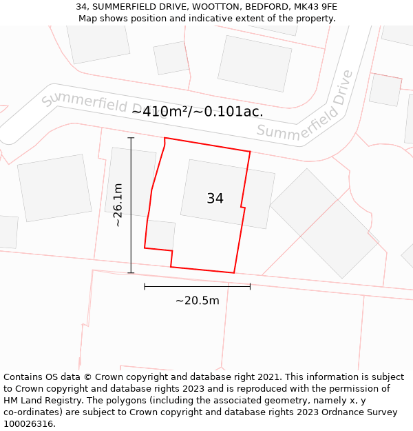 34, SUMMERFIELD DRIVE, WOOTTON, BEDFORD, MK43 9FE: Plot and title map