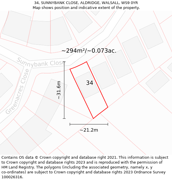 34, SUNNYBANK CLOSE, ALDRIDGE, WALSALL, WS9 0YR: Plot and title map