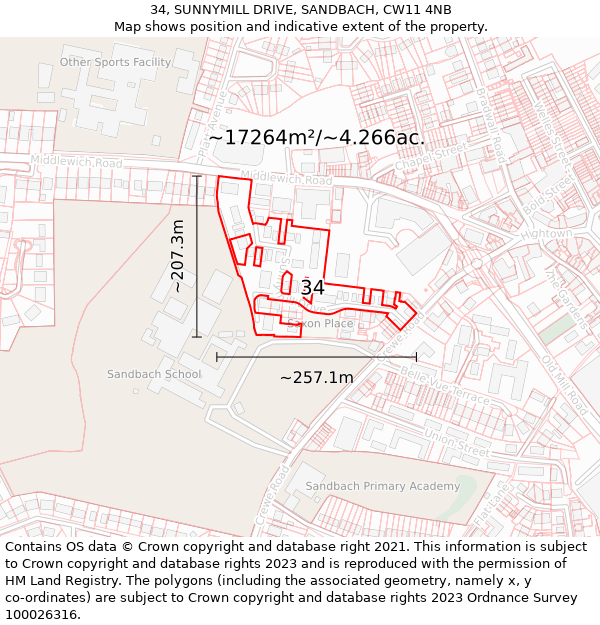 34, SUNNYMILL DRIVE, SANDBACH, CW11 4NB: Plot and title map