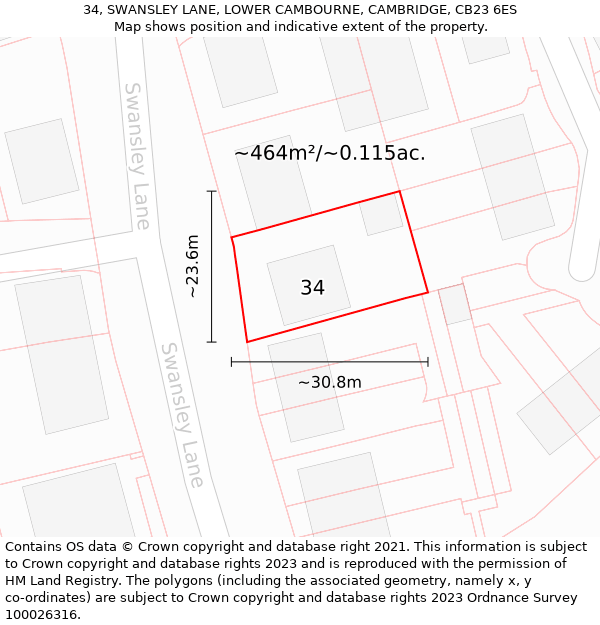 34, SWANSLEY LANE, LOWER CAMBOURNE, CAMBRIDGE, CB23 6ES: Plot and title map