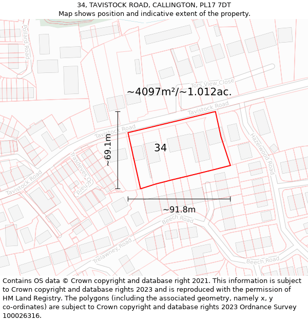 34, TAVISTOCK ROAD, CALLINGTON, PL17 7DT: Plot and title map