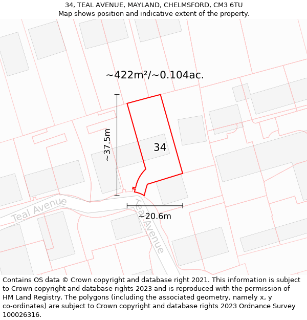 34, TEAL AVENUE, MAYLAND, CHELMSFORD, CM3 6TU: Plot and title map